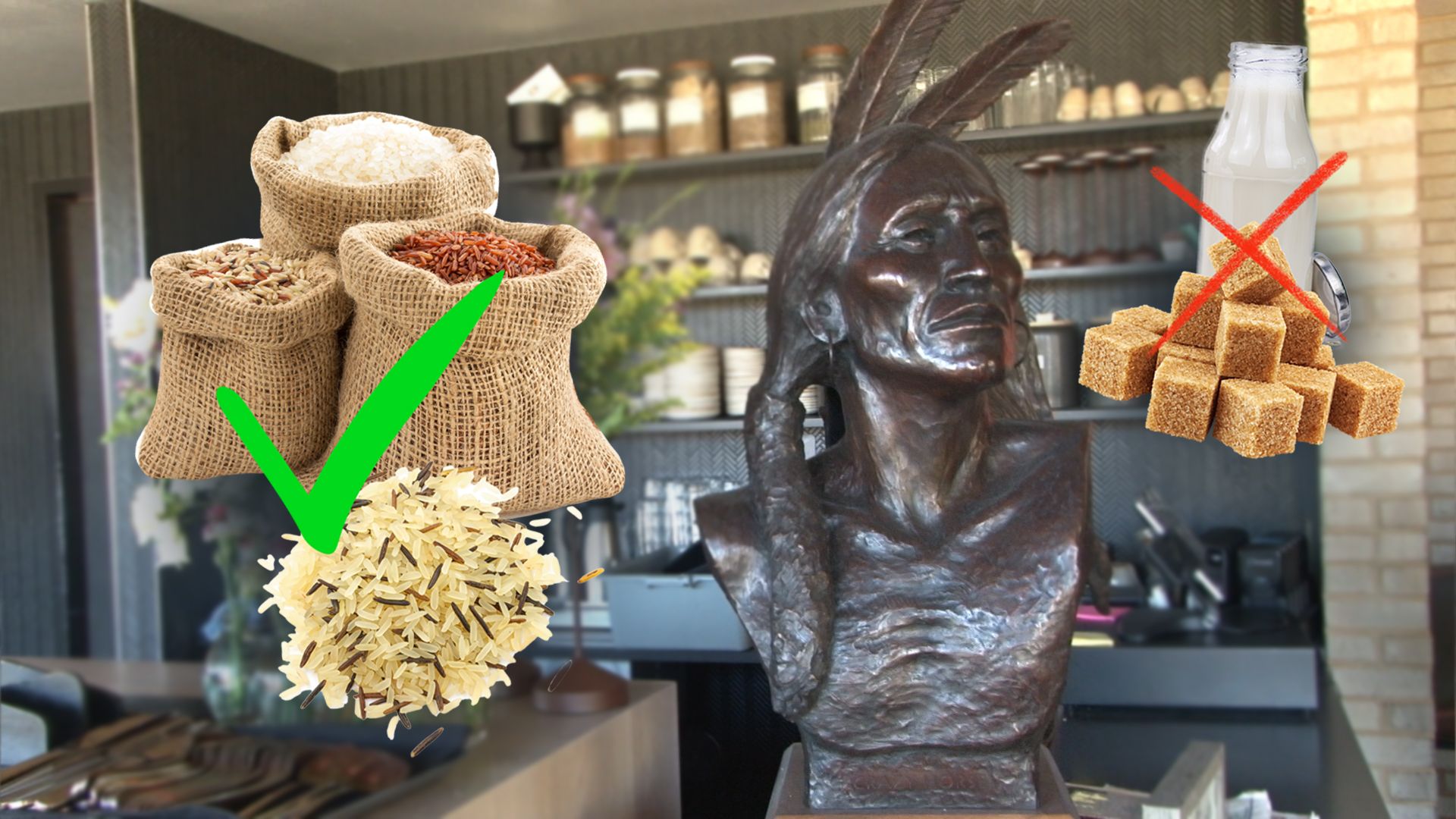 brenda trindade dando - A bronze bust of an Indigenous American figure sits in a kitchen, overlaid with sacks of rice marked with a green check and milk with sugar cubes crossed out.