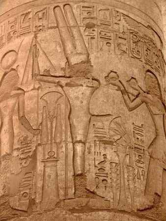 Min, relief on a column of the Great Temple of Amon at Karnak in Thebes, Egypt.
